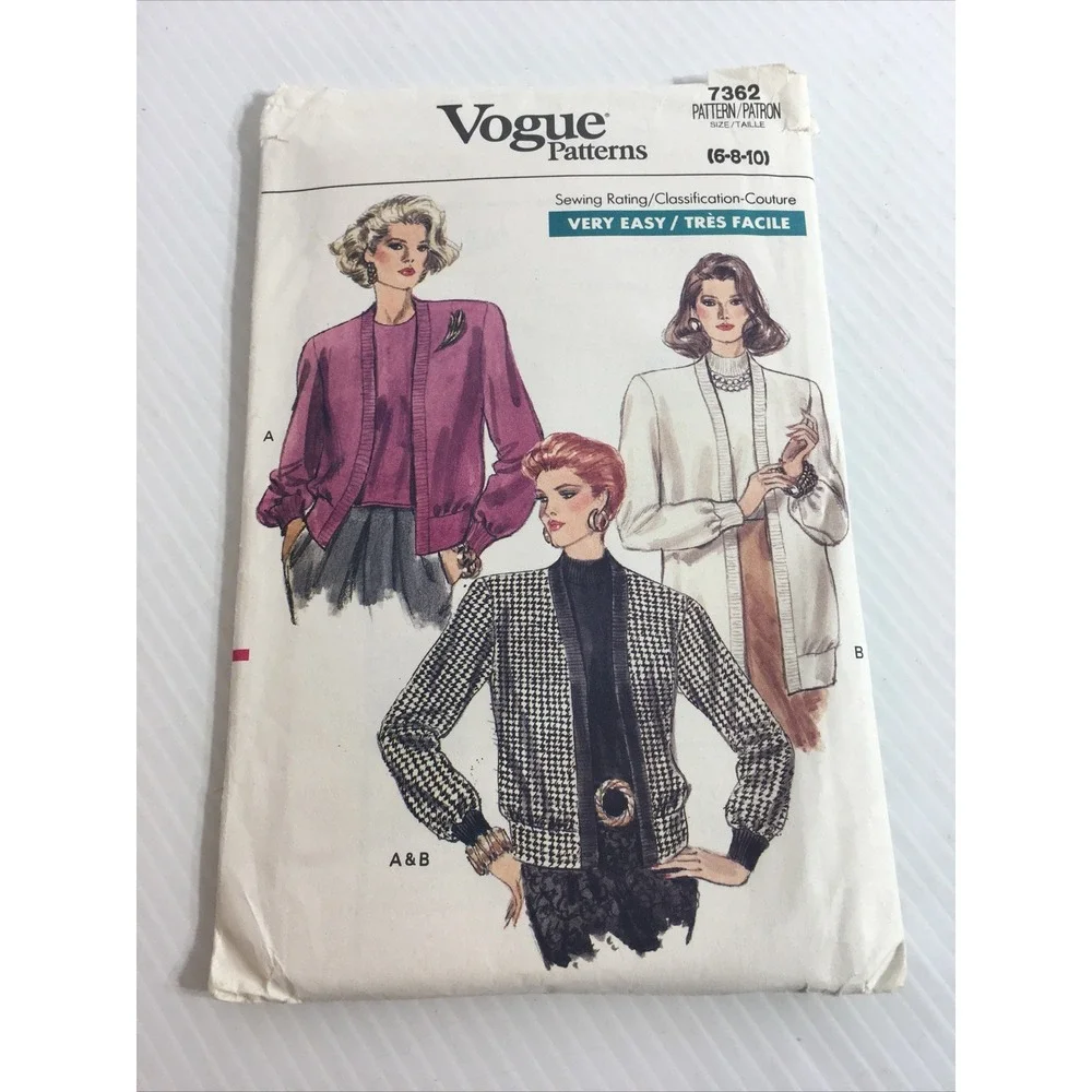 1988 Vogue 7362 VTG Sewing Pattern Womens Cardigan Sweater Top 6 8 10 Uncut